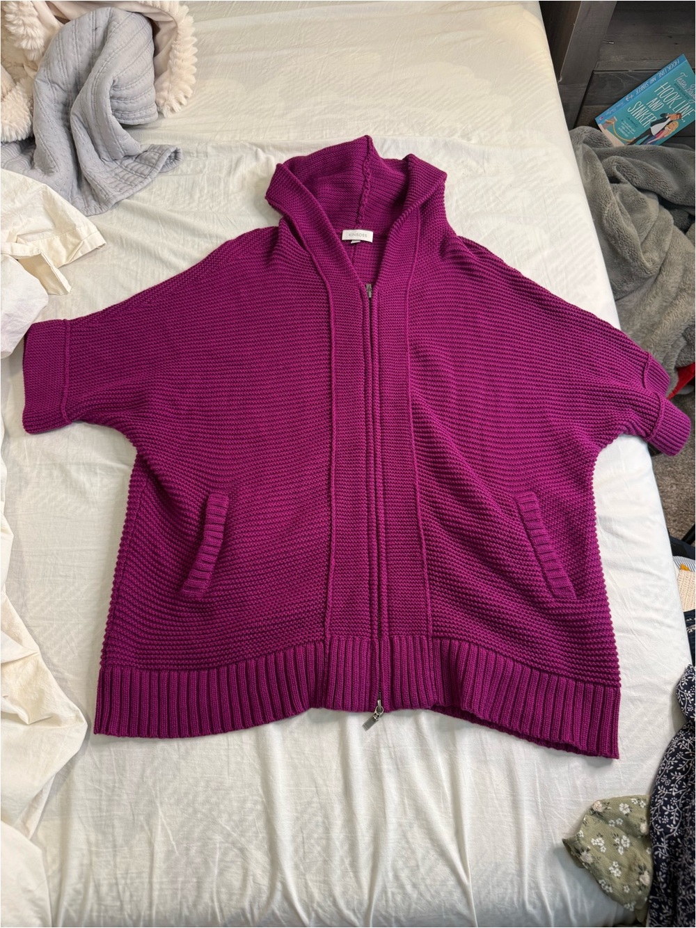 Women's Zip-Front Hooded Sweater Cardigan - Deep Magenta